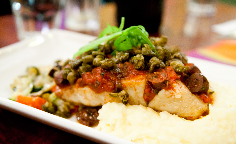 Salmon, mash, capers, olives, salsa